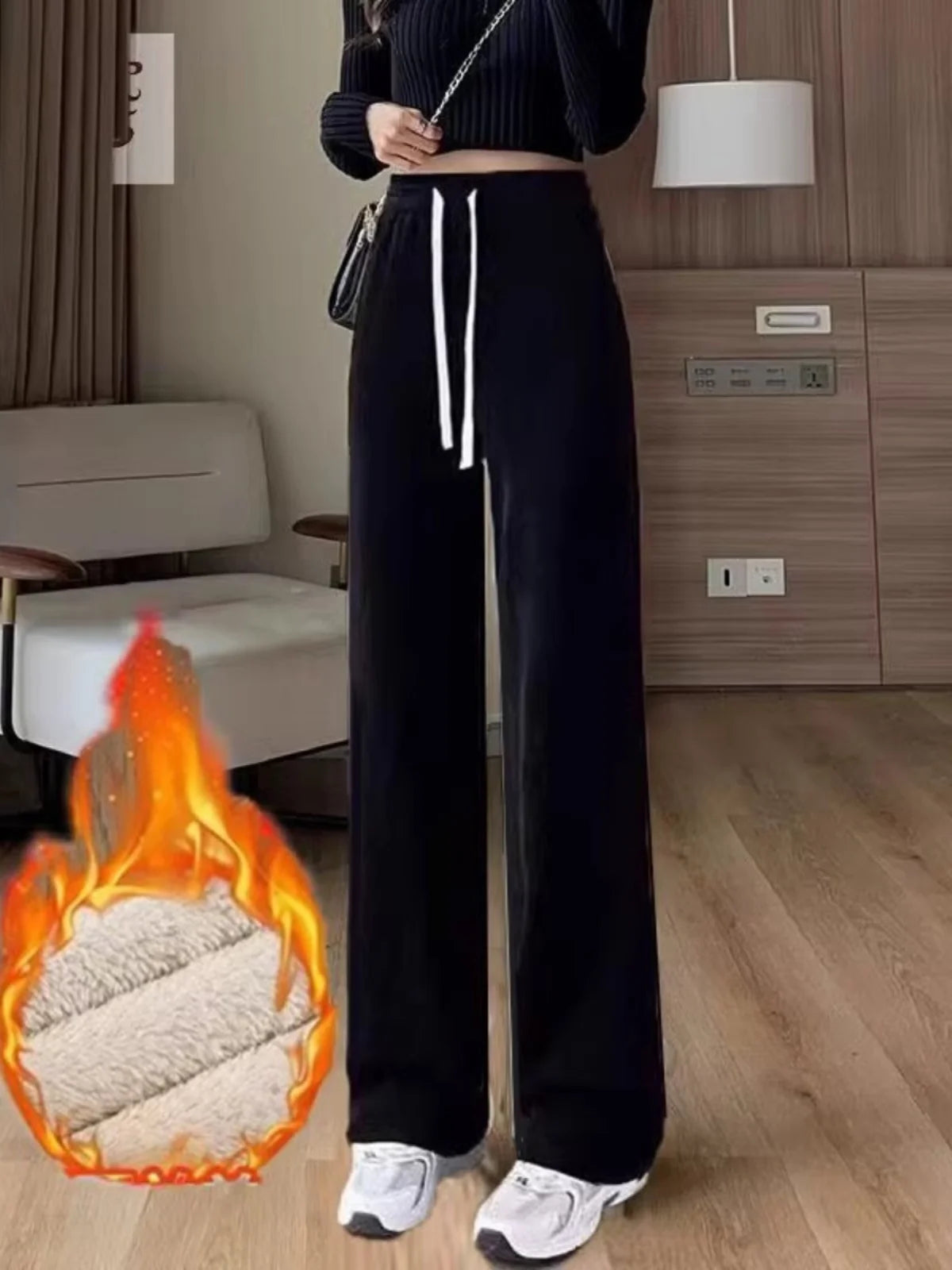 High Waist Wide Leg Pants Women's Autumn Winter Flannel Fce Lined Straight Cut Trousers Casual High Waist Pants