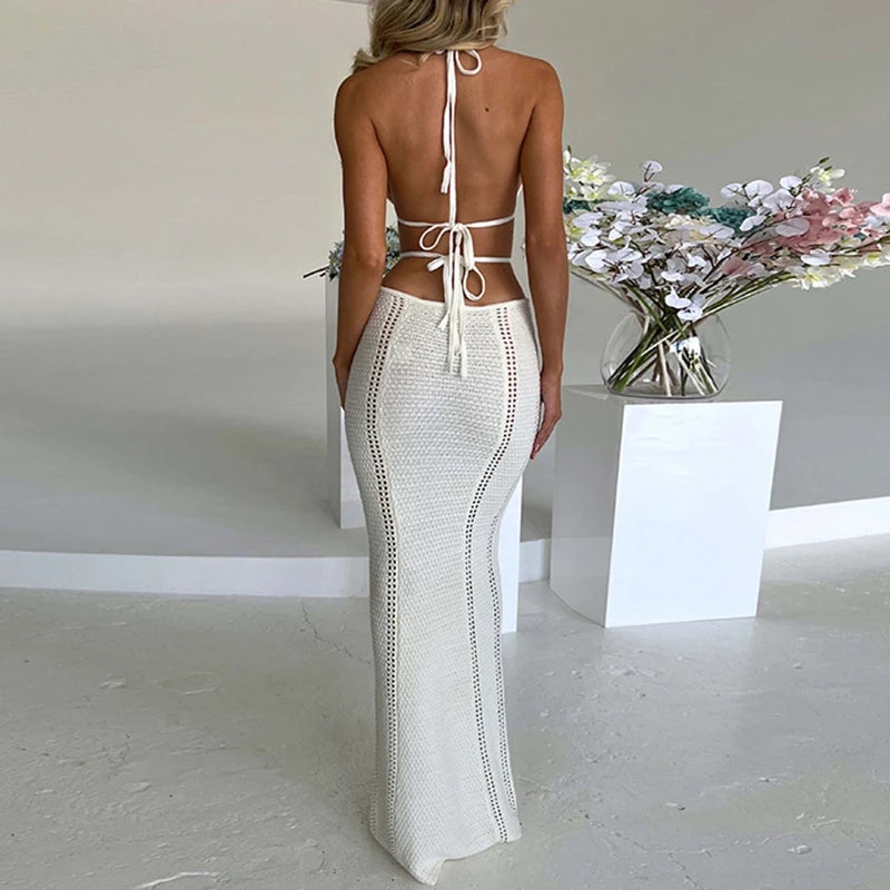 Sexy Style Hollow Out Backless Tie Up Dress Women Beach Vacation Beachwear Cover Up Knitting Sun Bathing Sunscreen Long Dress
