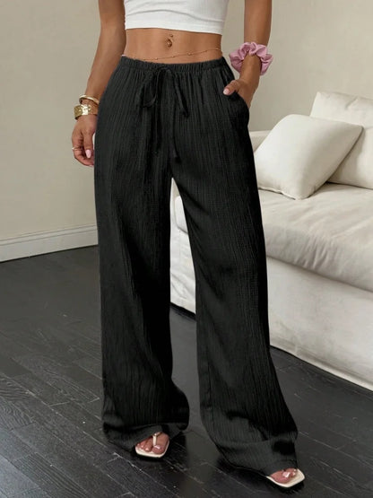 Summer 2025 Women's Casual Solid Color Texture Fabric Waist Belted Side Pocket Wide Leg Pants New Cross-Border Style