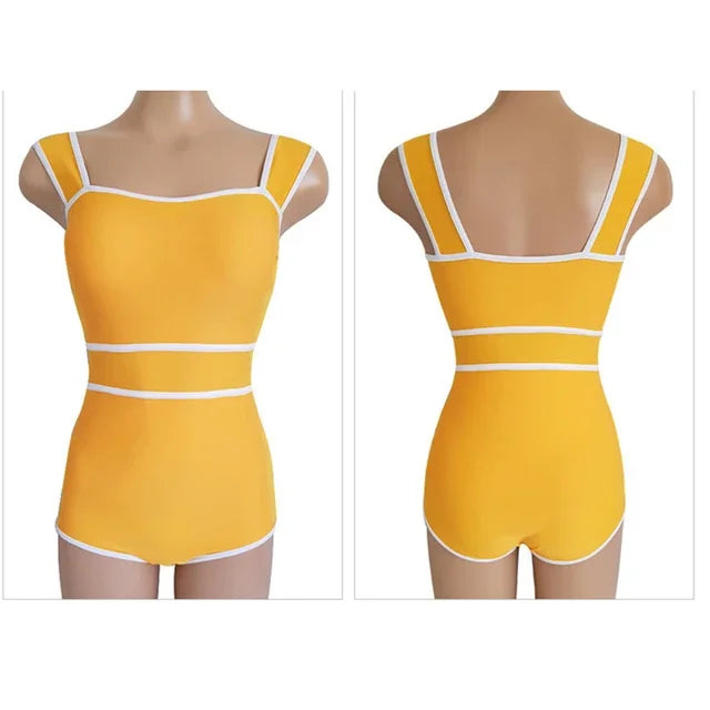 2024 Korean Fashion Swimwear Cute Candy Solid Color Strap High Waist Bandeau Bodysuit Women's Slim Bikini One Piece Swimsuit