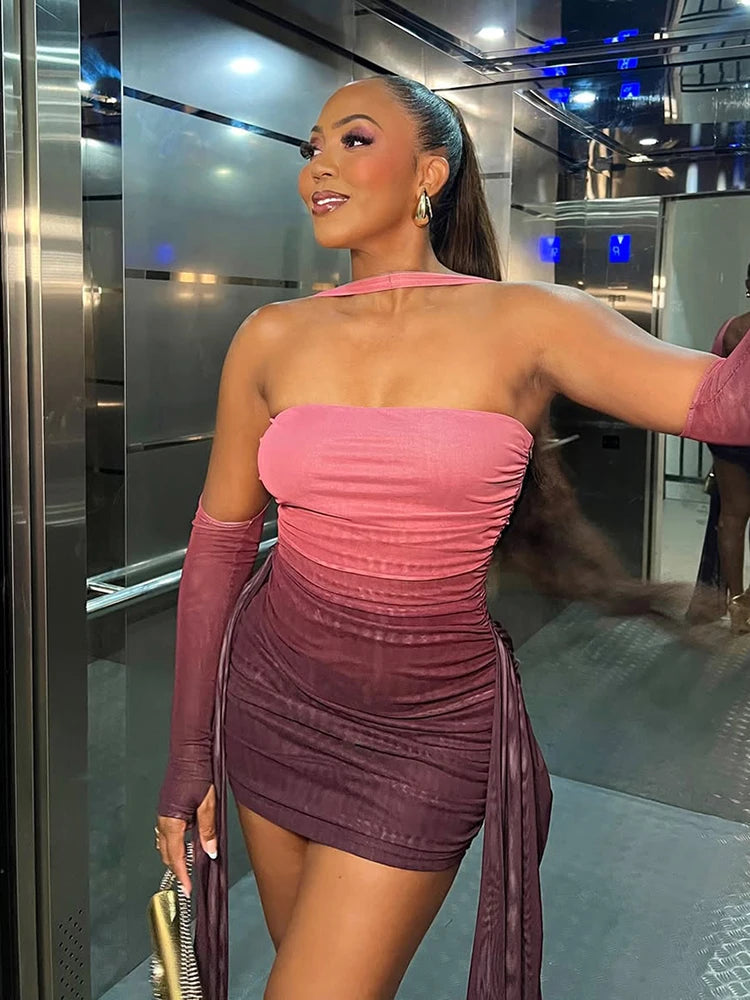 kliou Mesh Simple Women Mini Dress Fashion Solid Strapless Ribbons Tassel Body-shaping Vestidos+Seperately Full Sleeve Gloves