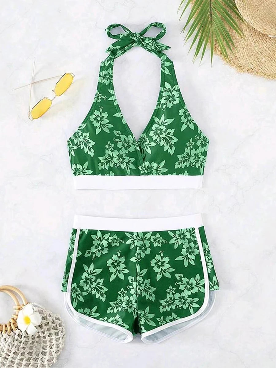 2025 Halter Sporty Bikinis Printed Swimsuit Women High Waist Shorts Swimwear Female Bathers Bathing Swimming Swim Suit Beachwear