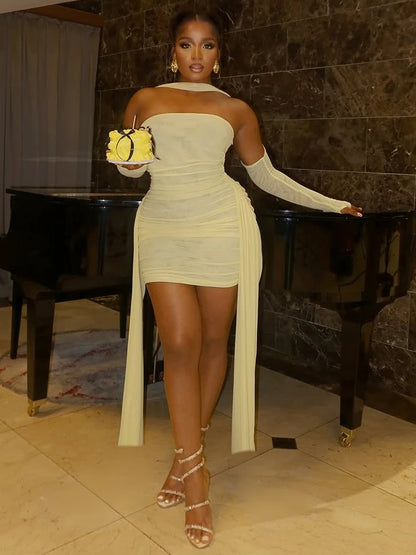 kliou Mesh Simple Women Mini Dress Fashion Solid Strapless Ribbons Tassel Body-shaping Vestidos+Seperately Full Sleeve Gloves