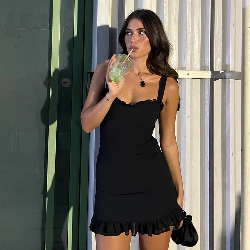 Hugcitar Elegant Solid Slips Ruffles Backless Bandage Patchwork Sexy Slim Mini Dress Summer Women Outfits Party Beach Festival