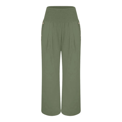 Fashion Cotton Linen Pants Women's Elastic High Waist Loose Wide Leg Pants With Pockets Solid Color Pleated Yoga Sports Pants