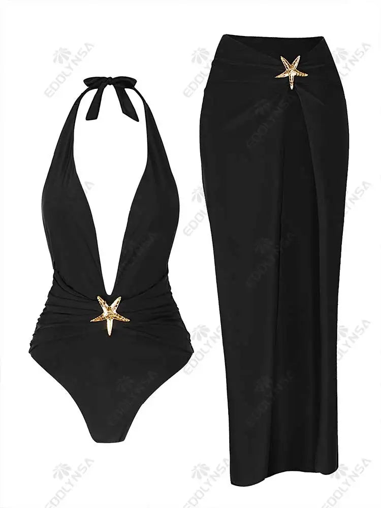 Starfish One Piece Bathing Suits with High Split Skirt Cover ups 2 Piece Swimsuits for Elegant Women Sexy Halter Bikini Sets K59