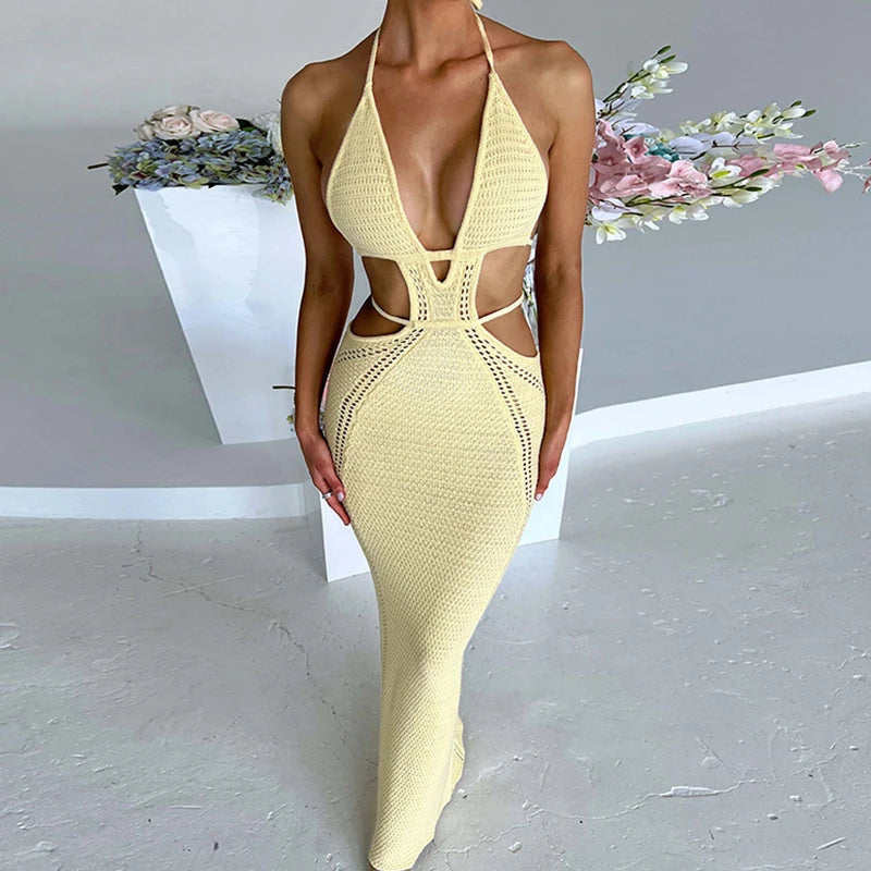 Sexy Style Hollow Out Backless Tie Up Dress Women Beach Vacation Beachwear Cover Up Knitting Sun Bathing Sunscreen Long Dress