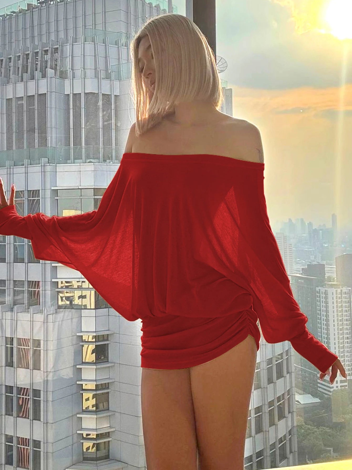 Dulzura Off Shoulder Long Sleeves Ruched Patchwork Mini Dress Women’S Sexy Elegant Casual Outfit Party Clubwear Spring Summer