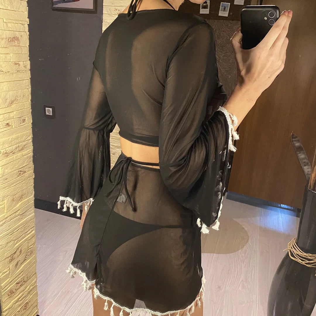 S - XL With Tassel Skirt Long Sleeve Bikini Women Swimwear Female Swimsuit Four-pieces Bikini set Bather Bathing Suit Swim V7060