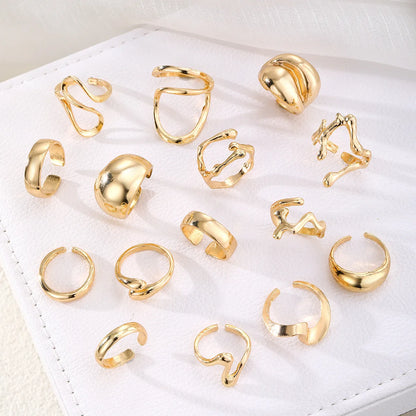 15Pcs/Set Exaggerated Metal Irregular Lines Water Droplet Smooth Rings for Women Men Punk Retro Boho Fashion Jewelry Gift