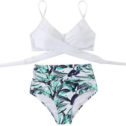 Hot 12 Colors Women Slim Bikini Sets High Waisted Sexy Swimwear 2 Pieces 2025 Solid/Floral Ruched Brazilian Swimsuit Cross Front