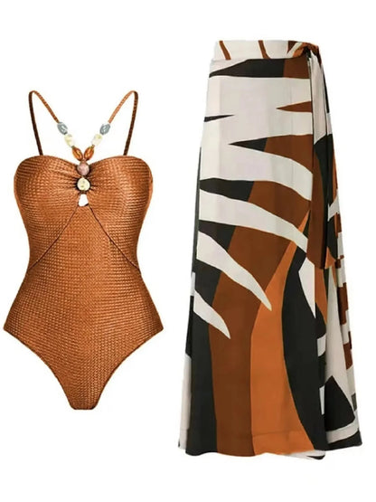 Conservative Bikini One-Piece Swimsuit with Beach Skirt Shantung Wrap for Hot Springs Women's Fashion Swimming Costume
