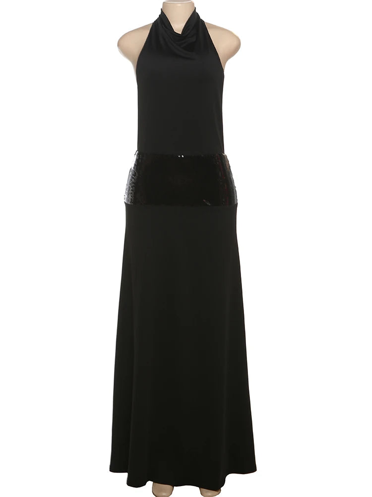 Sisterlinda Backless Fashion Dresses Elegant Halter Patchwork Draped Maxi Bodycon Female Solid Simple Evening Party Frock New