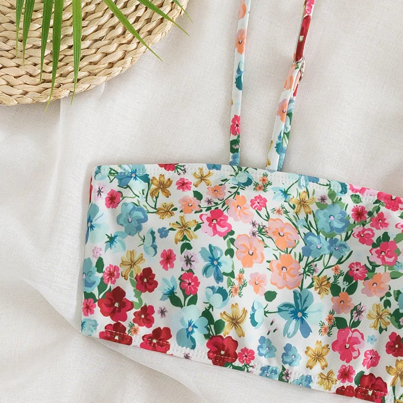 Floral Print Bandeau Bikini Set Off Shoulder Push Up Swimsuit Women Tube Top Bikinis Knot Swimwear 2024 Sexy Summer Bathing Suit