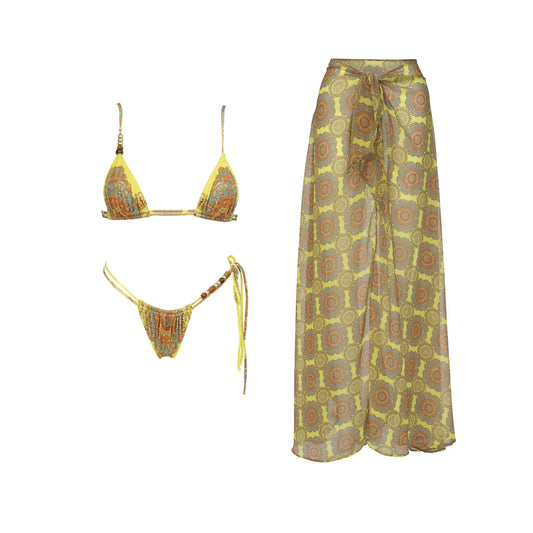 2025 New High Quality Elegant One Piece Swimsuit And Skirt Print Deep-V Lace-up Women Bikini Set Swimwear Party Bathing Suit