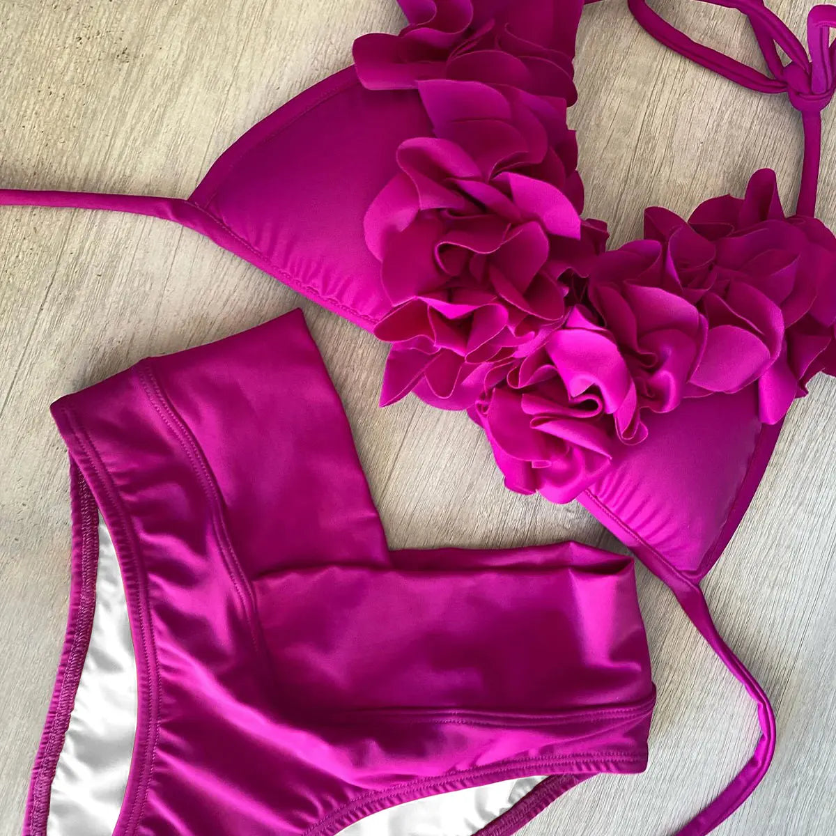 2025 Summer New Sexy Petal Push Up Backless Bikini Set Women Fashion Flower Ruffles Bikini Lady Solid Beachwear Bathing Suit