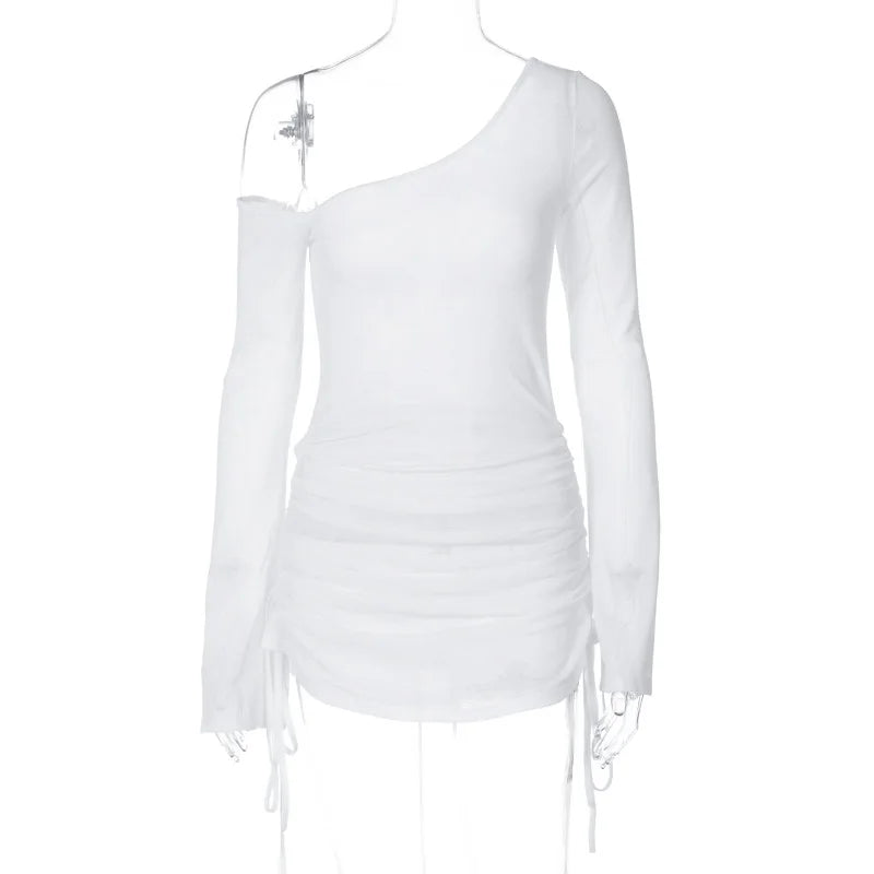 ALLNeon Fairycore White Perspective Oblique Shoulder Long Sleeve Mini Dress Hotsweet Shirring Hipster Dresses Sexy Clubwear Y2K
