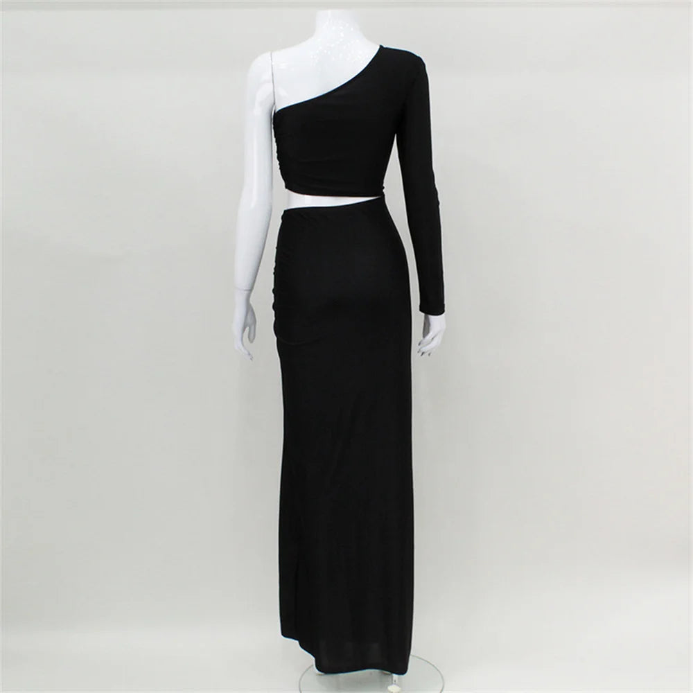 CNYISHE One Shoulder Cut Out Split Ruched Maxi Dress for Women Elegant Party Prom Gown Dresses Woman Sexy Birthday Outfits Robes