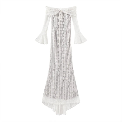 Suninheart White Off The Shoulder Autumn Bodycon Dress 2025 Long Sleeve Elegant Lace Maxi Dress Wedding Guest Dress for Women