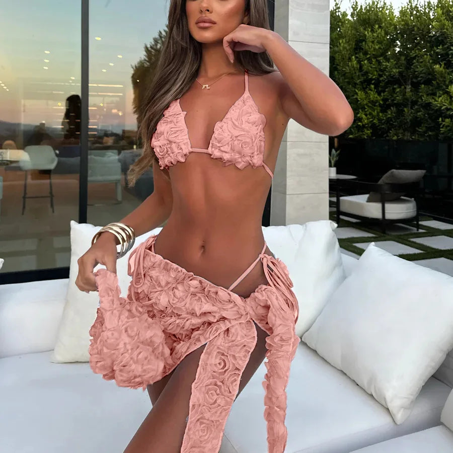 Bikini Bodysuit Swimwear Women With Skirt Bathing Suit Summer New Ruffle Splice Print Beachwear Holiday Bikini Cover Ups Outfits