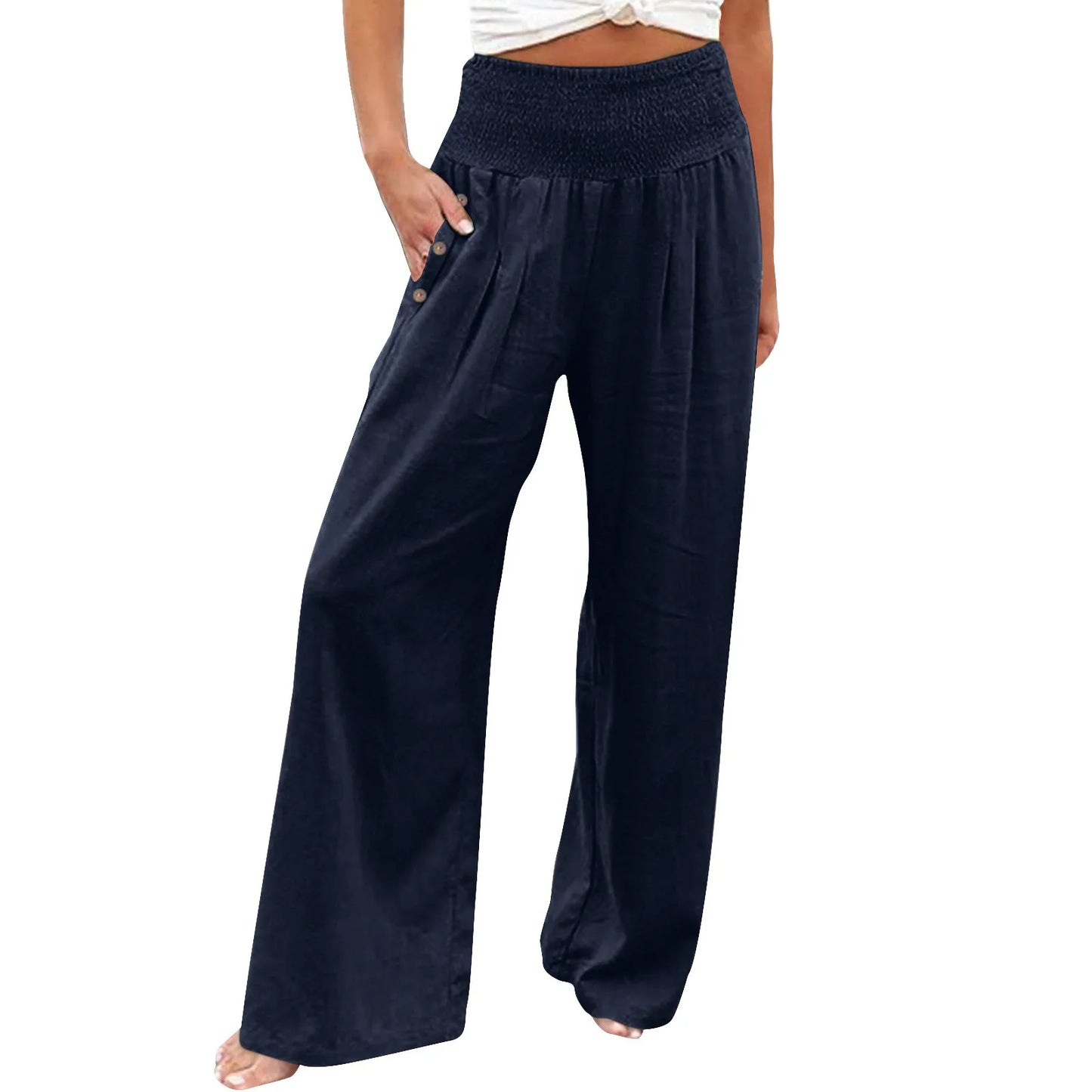 Fashion Cotton Linen Pants Women's Elastic High Waist Loose Wide Leg Pants With Pockets Solid Color Pleated Yoga Sports Pants