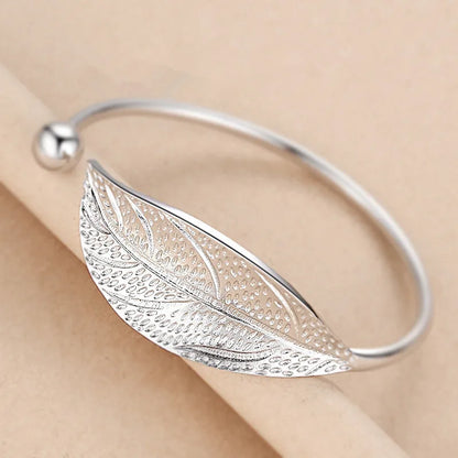 Fashion 925 Sterling Silver Woman Cuff Bracelet Open Leaf Shaped Adjustable Charm Bangle Girls Party Jewelry Christmas Gifts