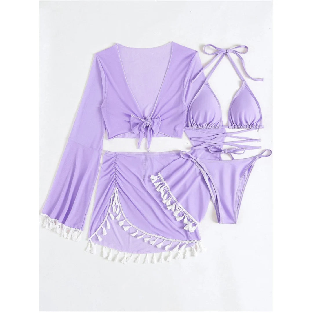 S - XL With Tassel Skirt Long Sleeve Bikini Women Swimwear Female Swimsuit Four-pieces Bikini set Bather Bathing Suit Swim V7060