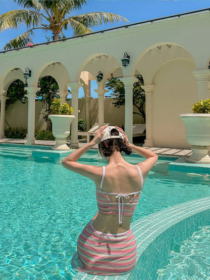 Retro Striped Bikini Set Women's Fresh Style Skirt Type Separate Swimming Suits Chinese Brand Summer Beachwear Swimwear