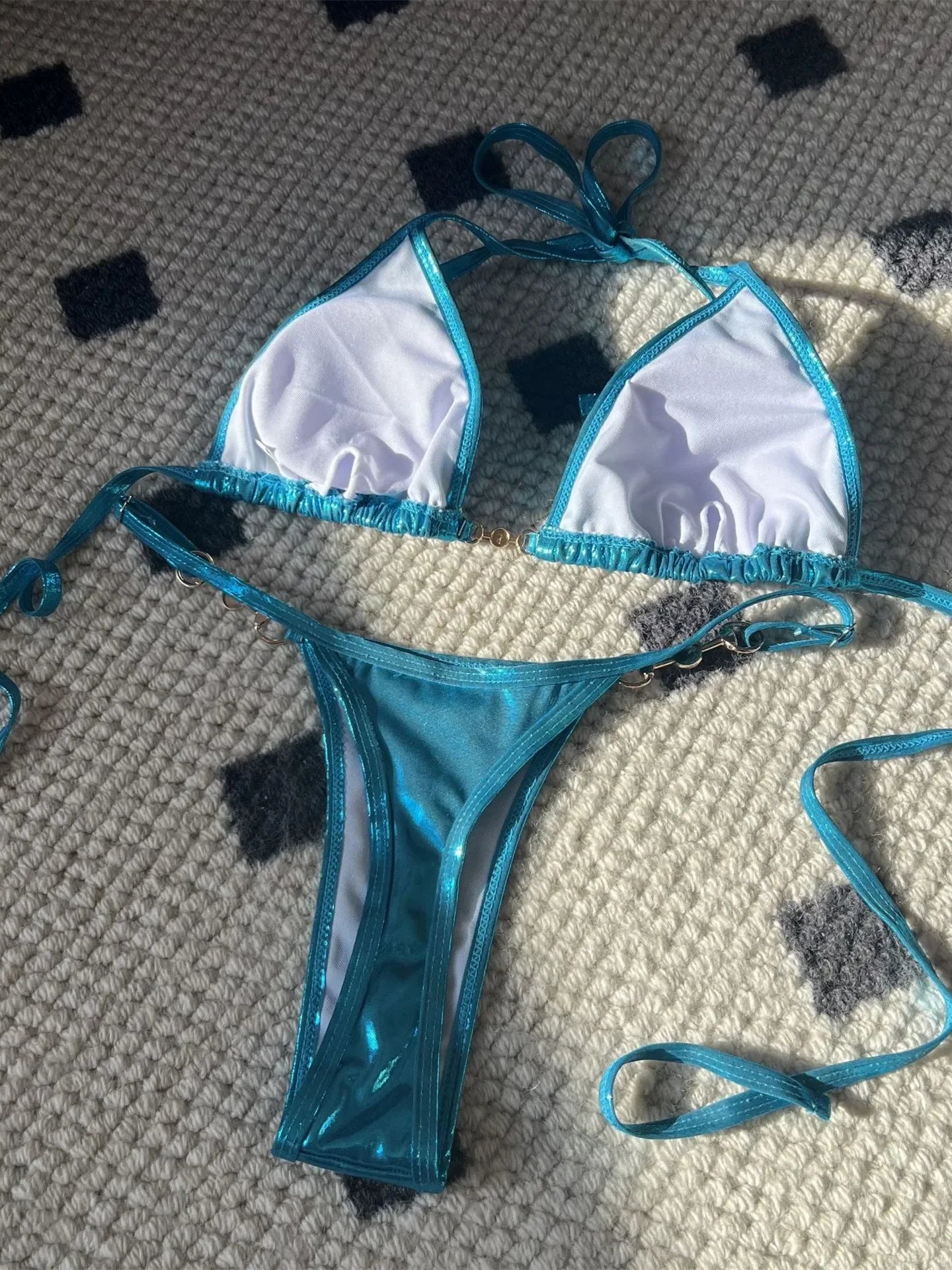 Shiny Pink Micro Bikini 2025 Mujer Women Sexy PU Pearls Push Up Thong Swimsuit Summer Bathing Suit Bandage Holiday Swimwear