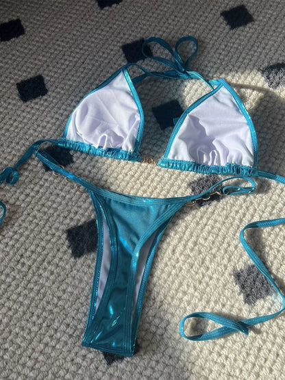 Shiny Pink Micro Bikini 2025 Mujer Women Sexy PU Pearls Push Up Thong Swimsuit Summer Bathing Suit Bandage Holiday Swimwear