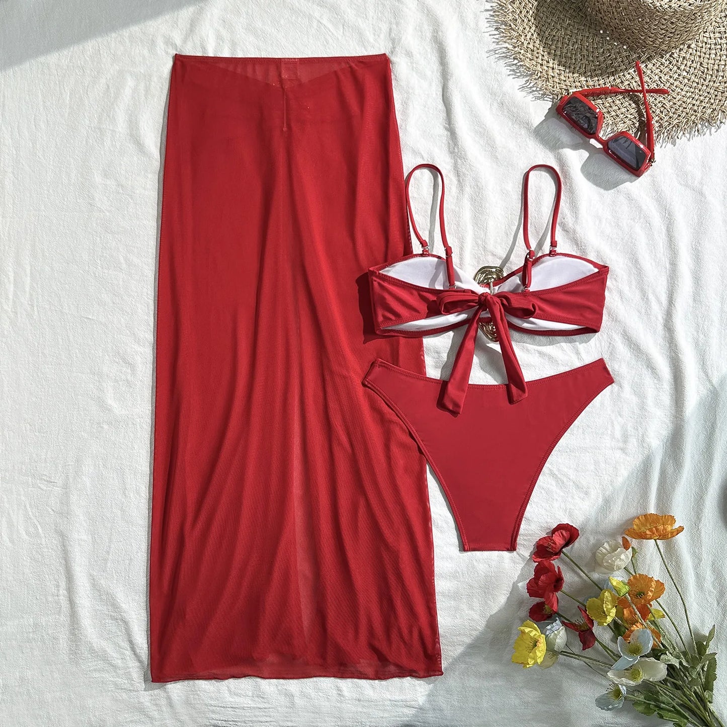 Vintage White Swimsuit Women Metal Oyster Buckle Push Up Mesh Long Skirt 3 Piece Bikini Set 2025 Holiday Bathing Suit Swimwear