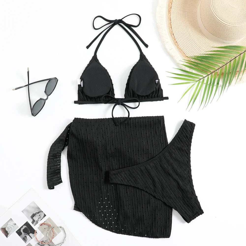 2025 Summer Halter Bikini 3 Pieces Women Special Material Sexy Thong Swimwear With Sarong Skirt White/Black/Pink/Green Beachwear