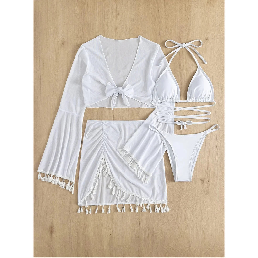 S - XL With Tassel Skirt Long Sleeve Bikini Women Swimwear Female Swimsuit Four-pieces Bikini set Bather Bathing Suit Swim V7060