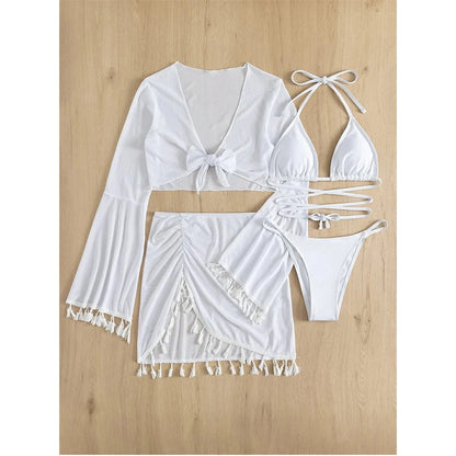 S - XL With Tassel Skirt Long Sleeve Bikini Women Swimwear Female Swimsuit Four-pieces Bikini set Bather Bathing Suit Swim V7060