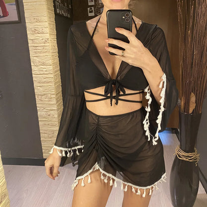 S - XL With Tassel Skirt Long Sleeve Bikini Women Swimwear Female Swimsuit Four-pieces Bikini set Bather Bathing Suit Swim V7060