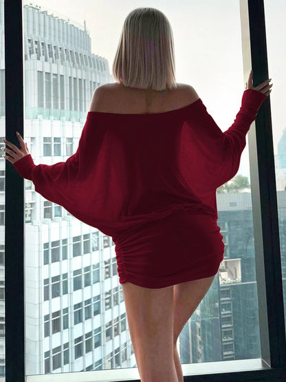 Dulzura Off Shoulder Long Sleeves Ruched Patchwork Mini Dress Women’S Sexy Elegant Casual Outfit Party Clubwear Spring Summer