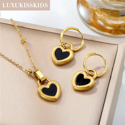 LUXUKISSKIDS Fashion Cubic Love Heart Minimalist Jewelry Set Necklace Earrings Bracelets Stainless Steel Women/Girls Accesories