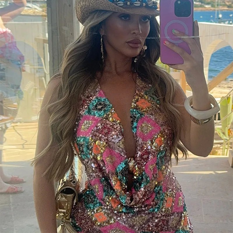 Sexy Sequin Bikini Skirt Sets Women Fashion Holiday Lace Up Top Ribbon Mini Skirts Female 2026 Summer Beach Lace Up Suits Lady