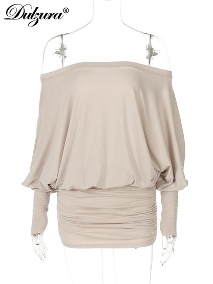 Dulzura Off Shoulder Long Sleeves Ruched Patchwork Mini Dress Women’S Sexy Elegant Casual Outfit Party Clubwear Spring Summer