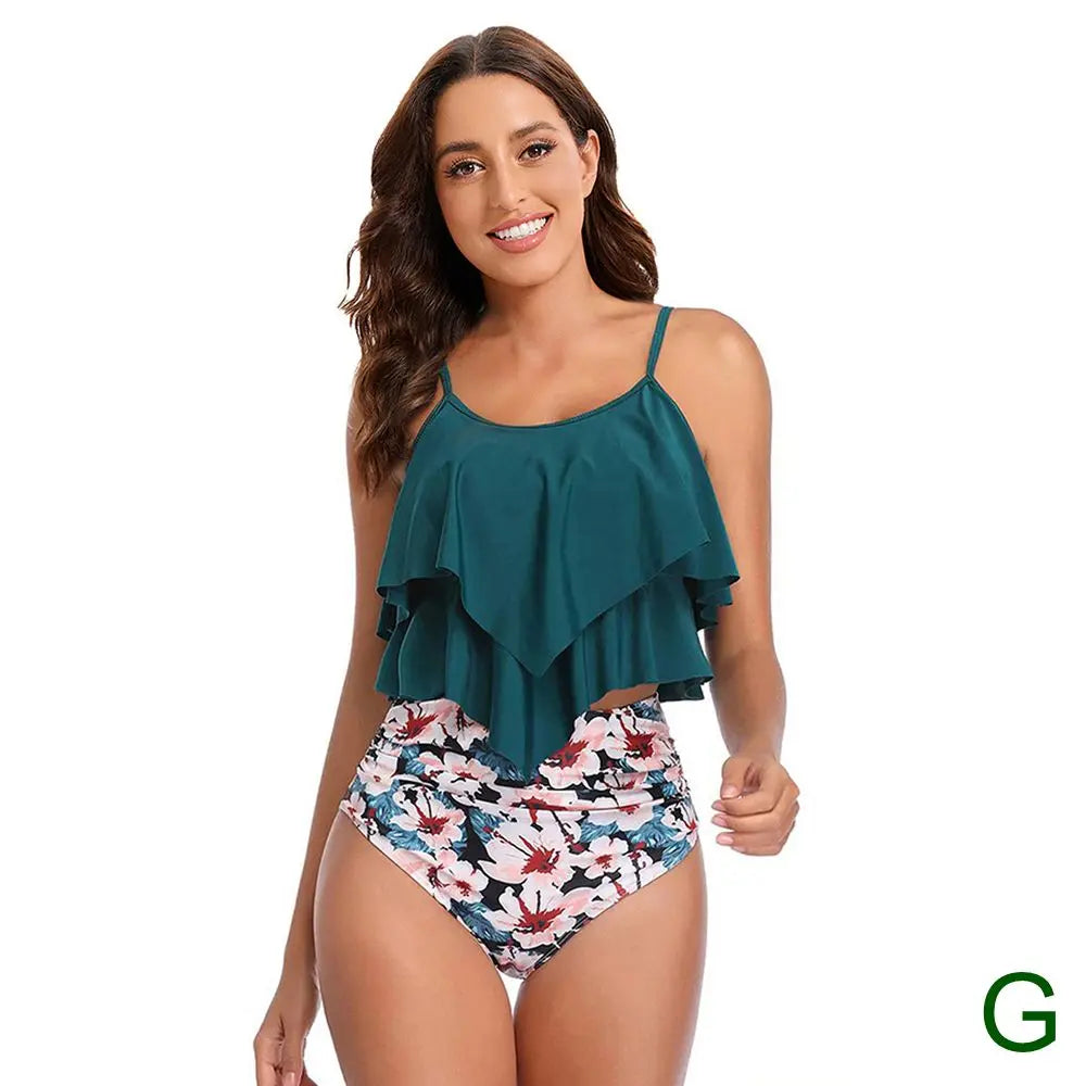 8 Colors Women Ruffled Tankini Set Padded Top With Adjustable Shoulder Straps Elastic Slim Knitted High Waisted Beachwear 2025