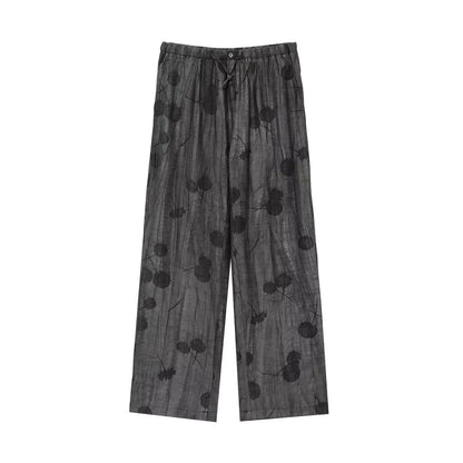 Women Print Long Pants Sets For Women Lapel Half Sleeve Single Breasted Shirts + High Waist Lace-Up Wide Leg Pants