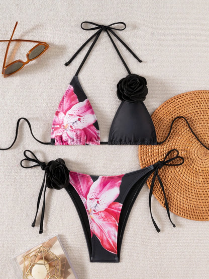 2025 New Flower Print Bikini Set Women's High Waist Long Skirt 3 Piece Swimsuit Sexy Mini Triangle Backless Thong Bathing Suit