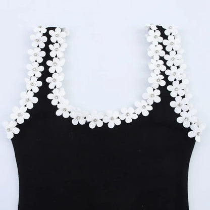 HH Female Summer Sexy Slim Dress 2 Color Solid Square Collar Sleeveless Backless Flower Decoration Women's Fashion Dresses