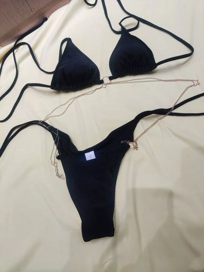 Sexy Triangle Chains Bikini Sets Micro Thongs Swimsuit Women Bathing Suit Biquini Bandage Beachwear Print Swimwear Thong Bikini