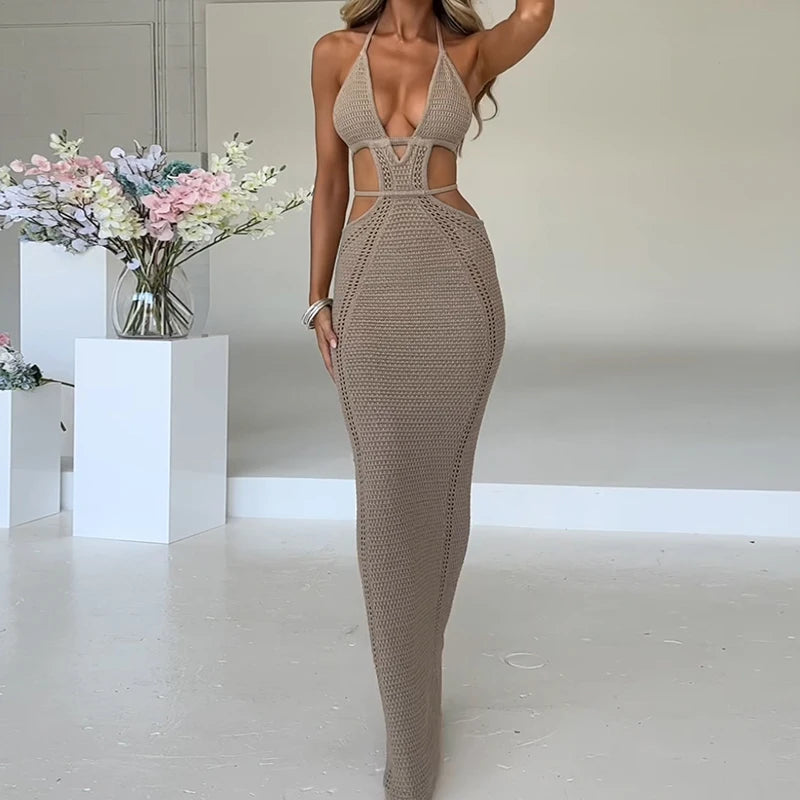 Sexy Style Hollow Out Backless Tie Up Dress Women Beach Vacation Beachwear Cover Up Knitting Sun Bathing Sunscreen Long Dress