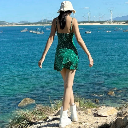 Hugcitar 2024 Summer Spot Print Slips Backless Sexy Elegant Bodycon Mini Prom Dress Women Casual Clothes Y2K Beach Festival