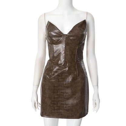 Luxury Leather Strapless Short Dress Chic Womens Summer Sexy Party Waist Curvy Dresses 2025 Evening Red Green Brown Y2K Cocktail
