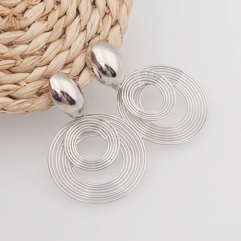 Two-layers Circles Women's Hanging Earrings Gold Color Silver Color Metal Spiral Pendants Dangle Earrings for Female European