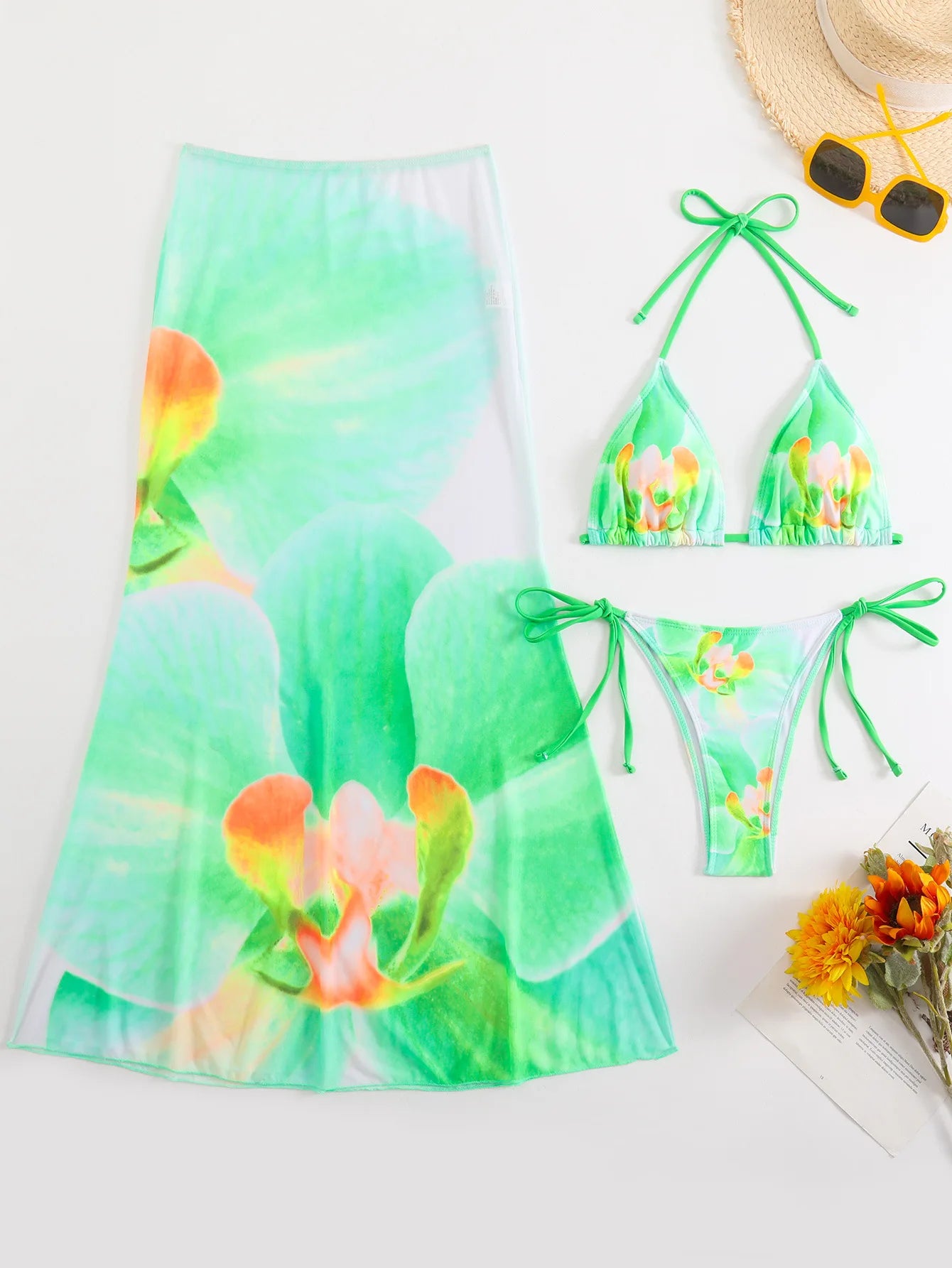 2025 New Flower Print Bikini Set Women's High Waist Long Skirt 3 Piece Swimsuit Sexy Mini Triangle Backless Thong Bathing Suit