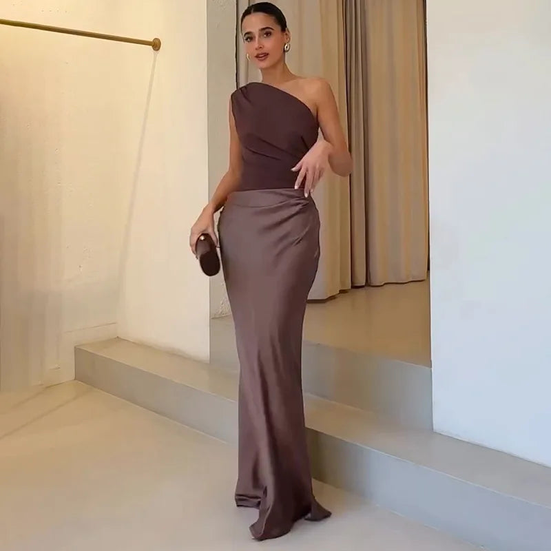 Satin Patchwork One-Shoulder Sexy Maxi Dress Women Sleeveless Ruched Bodycon Dress 2025 New Elegant Wedding Evening Party Robes